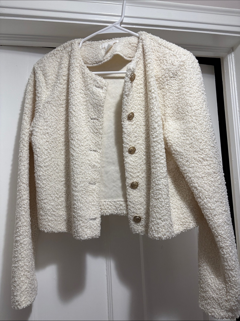 H&M Cream Bouclé Teddy Jacket with Gold Buttons